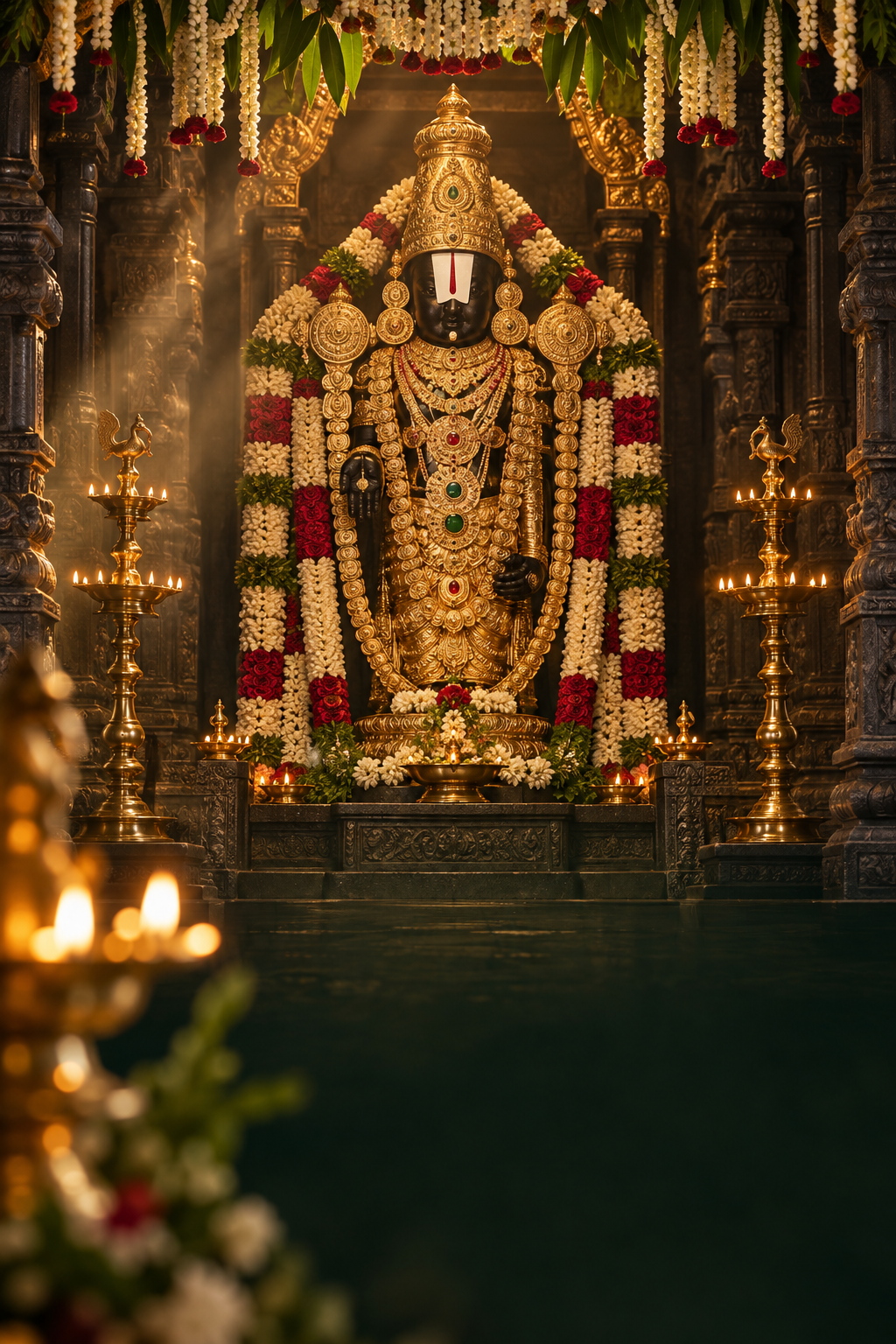Lord Venkateswara in a temple sanctuary, adorned with flowers and illuminated by brass lamps